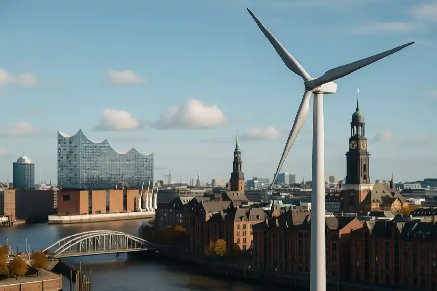 Windrad im Vordergrund mit Blick auf Hamburgs Innenstadt, die Elbphilharmonie und historische Backsteinbauten bei sonnigem Wetter.
