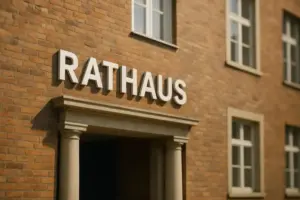Eingang eines modernen Rathauses aus rotem Backstein mit Säulen und großen weißen Buchstaben „Rathaus“.