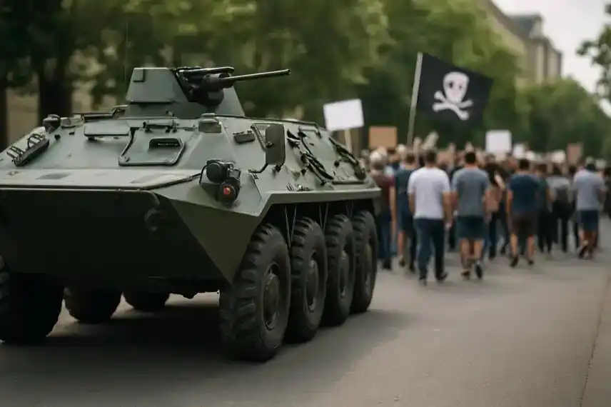 Ein grünes Militärfahrzeug steht auf einer Straße vor einer Gruppe von Demonstrierenden mit Plakaten.