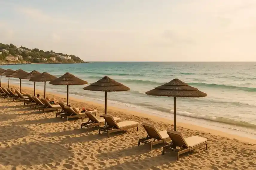 Sonniger Mittelmeerstrand mit Liegen und Strohdächern bei ruhiger See und goldener Abendstimmung.