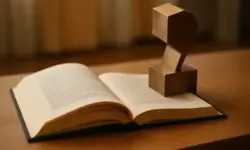 Aufgeschlagenes Buch auf einem Holztisch mit einer bronzefarbenen geometrischen Skulptur daneben, unscharfer Hintergrund.