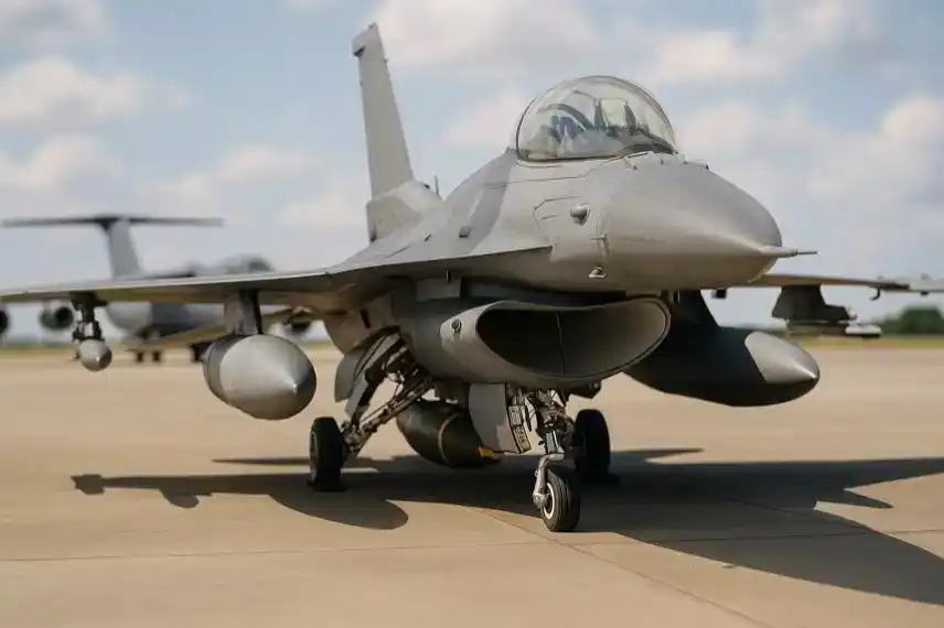 Ein grauer Kampfjet steht auf einem Rollfeld, im Hintergrund weitere Militärflugzeuge bei sonnigem Himmel.