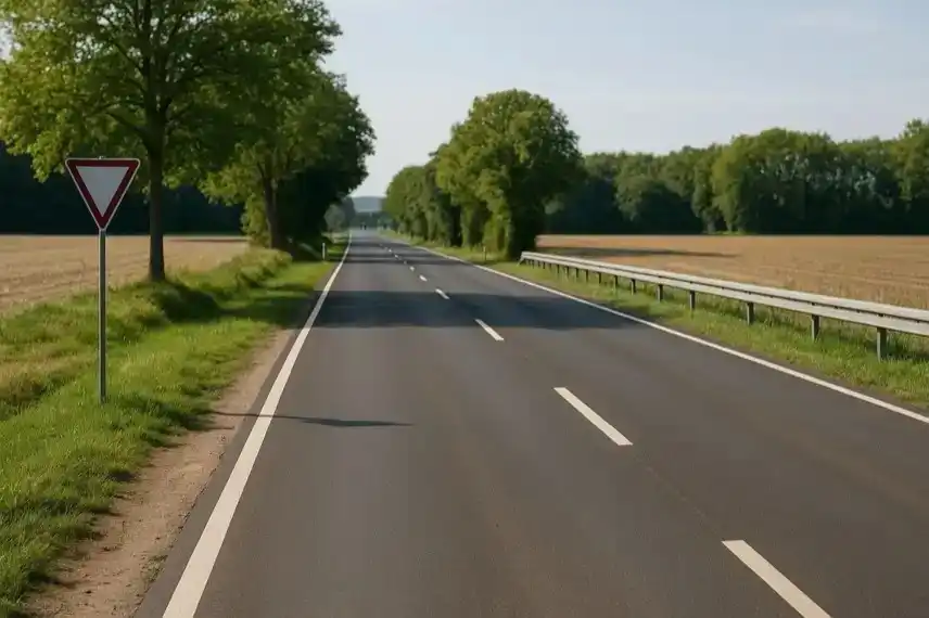 Leere Landstraße mit Bäumen und Feldern bei Weingarten, im Abendlicht aufgenommen, ohne Fahrzeuge oder Personen.