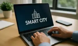 Hände einer Person tippen auf einem Laptop, auf dessen Bildschirm der Schriftzug „Smart City“ zu sehen ist, im Hintergrund ein Schreibtisch mit Pflanzen und Notizbuch.
