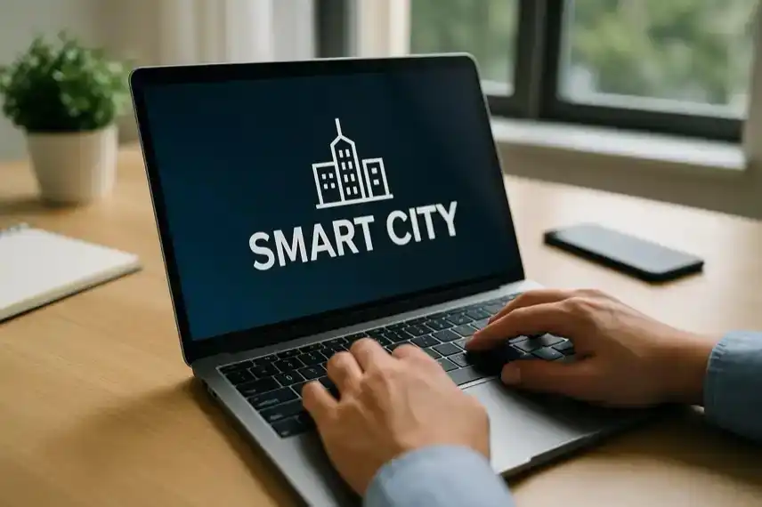 Hände einer Person tippen auf einem Laptop, auf dessen Bildschirm der Schriftzug „Smart City“ zu sehen ist, im Hintergrund ein Schreibtisch mit Pflanzen und Notizbuch.