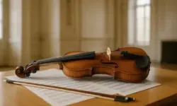 Eine Violine liegt auf Notenblättern auf einem Holztisch in einem hellen, leeren Konzertsaal.