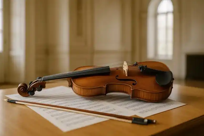 Eine Violine liegt auf Notenblättern auf einem Holztisch in einem hellen, leeren Konzertsaal.