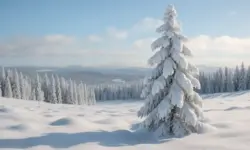 Verschneiter Nadelbaum in einer weißen Winterlandschaft mit Hügeln und blauem Himmel im Hintergrund.