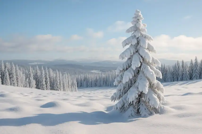 Verschneiter Nadelbaum in einer weißen Winterlandschaft mit Hügeln und blauem Himmel im Hintergrund.
