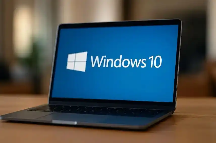 Moderner Laptop auf einem Holztisch mit blauem Windows-10-Hintergrund auf dem Bildschirm, hell ausgeleuchtet und scharf fokussiert.