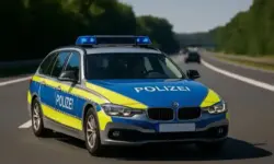 Ein deutsches Polizeifahrzeug fährt mit eingeschaltetem Blaulicht auf einer mehrspurigen Autobahn bei Tageslicht.