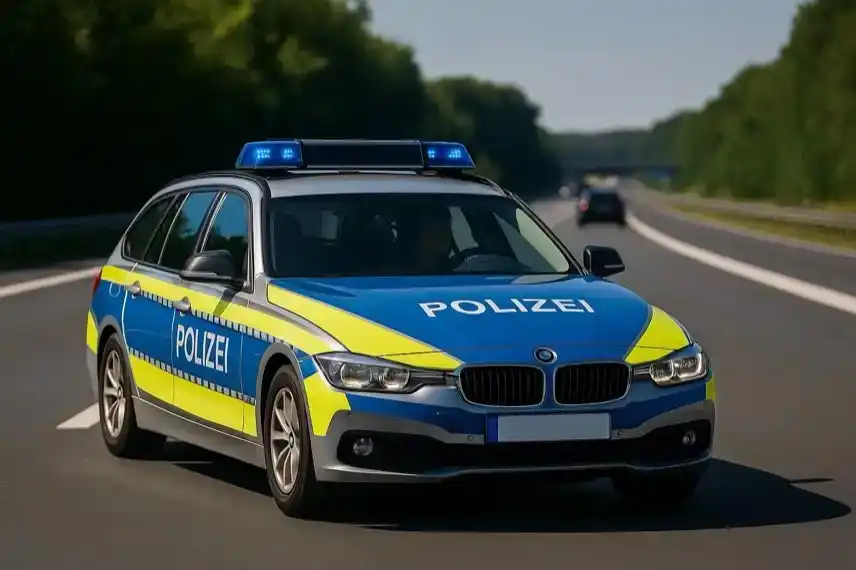 Ein deutsches Polizeifahrzeug fährt mit eingeschaltetem Blaulicht auf einer mehrspurigen Autobahn bei Tageslicht.