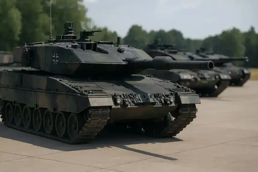 Mehrere moderne deutsche Kampfpanzer in Tarnfarben stehen auf einem Betonplatz bei Tageslicht, im Hintergrund weitere Panzer leicht unscharf.