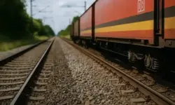 Roter Güterzug fährt auf Bahngleisen durch eine grüne Landschaft bei Tageslicht.