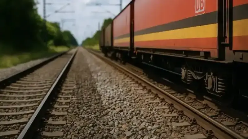 Roter Güterzug fährt auf Bahngleisen durch eine grüne Landschaft bei Tageslicht.