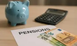 Blaues Sparschwein neben Euro-Banknoten, einem Taschenrechner und einem Dokument auf einem Holztisch.