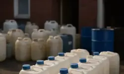 Weiße und blaue Chemikalienkanister stehen vor einem roten Backsteingebäude im Freien, ohne Menschen im Bild.