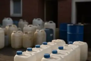 Weiße und blaue Chemikalienkanister stehen vor einem roten Backsteingebäude im Freien, ohne Menschen im Bild.