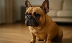 Französische Bulldogge sitzt auf einem Holzfußboden in einem hell beleuchteten Raum mit unscharfem Hintergrund.