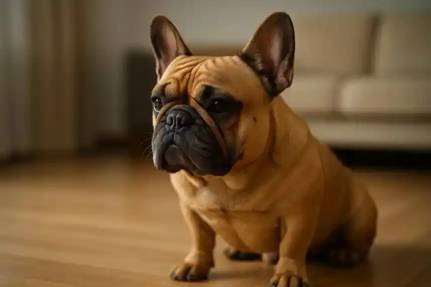 Französische Bulldogge sitzt auf einem Holzfußboden in einem hell beleuchteten Raum mit unscharfem Hintergrund.