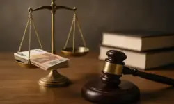 Eine goldene Waage mit Euro-Banknoten, ein Richterhammer und Bücher auf einem Holztisch, aufgenommen in natürlichem Licht mit Tiefenschärfe.