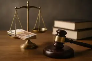 Eine goldene Waage mit Euro-Banknoten, ein Richterhammer und Bücher auf einem Holztisch, aufgenommen in natürlichem Licht mit Tiefenschärfe.