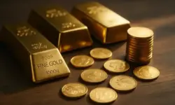 Mehrere Goldbarren und gestapelte Goldmünzen auf dunkler Holzfläche, hell ausgeleuchtet mit professioneller Tiefenschärfe.