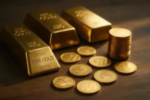 Mehrere Goldbarren und gestapelte Goldmünzen auf dunkler Holzfläche, hell ausgeleuchtet mit professioneller Tiefenschärfe.