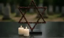 Rostiger Davidstern aus Metallketten mit zwei brennenden weißen Kerzen auf dunklem Stein, im Hintergrund unscharfe Grabsteine und Bäume.