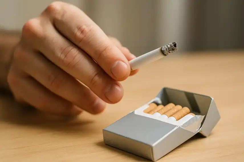 Nahaufnahme einer Hand, die eine Zigarette über einer geöffneten Schachtel mit Filterzigaretten hält, auf einem hellen Holztisch.