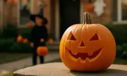 Ein beleuchteter, geschnitzter Kürbis steht auf einer Steinplatte, im Hintergrund ein Haus mit Halloween-Dekoration.