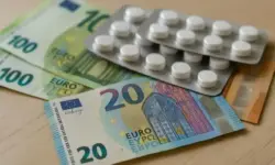 Euro-Banknoten und Blisterpackungen mit weißen Tabletten liegen auf einem hellen Holztisch.
