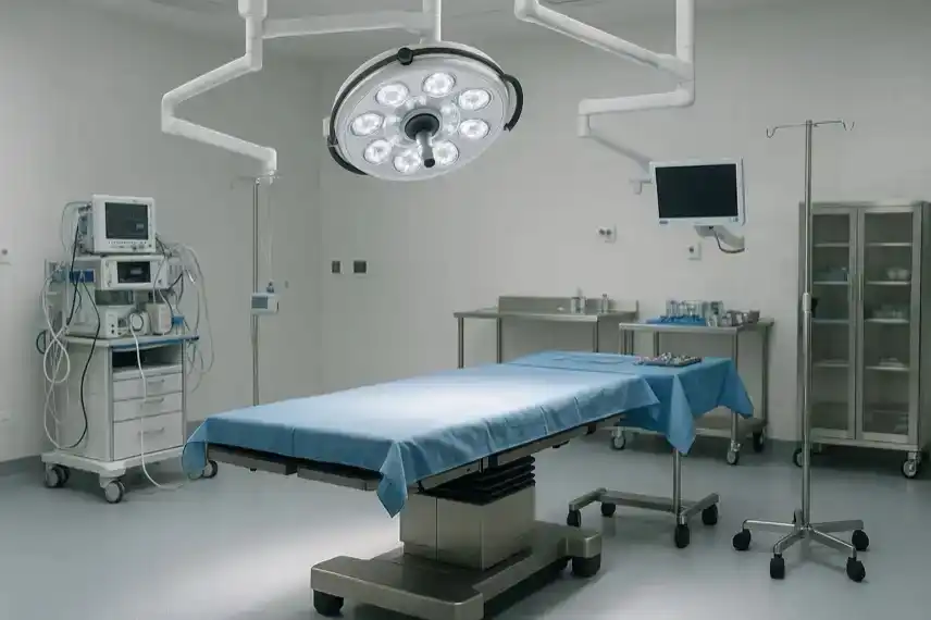 Leerer, moderner Operationssaal mit OP-Tisch, chirurgischen Instrumenten, Monitor und Beleuchtung, ohne Menschen, hell ausgeleuchtet.