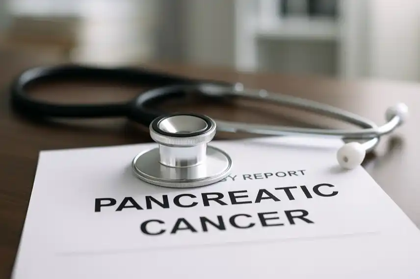 Ein Stethoskop liegt auf einem medizinischen Bericht auf einem Holztisch, mit Fokus auf dem Schriftzug „Pancreatic Cancer“.
