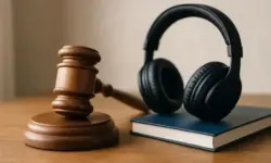 Ein Richterhammer aus Holz liegt auf einem Tisch neben schwarzen Kopfhörern und einem blauen Buch.