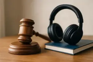 Ein Richterhammer aus Holz liegt auf einem Tisch neben schwarzen Kopfhörern und einem blauen Buch.