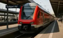 Roter doppelstöckiger Regionalzug am Bahnsteig des Stuttgarter Hauptbahnhofs bei Tageslicht, mit unscharfen Passanten im Hintergrund.