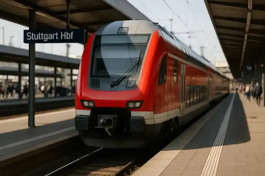 Roter doppelstöckiger Regionalzug am Bahnsteig des Stuttgarter Hauptbahnhofs bei Tageslicht, mit unscharfen Passanten im Hintergrund.