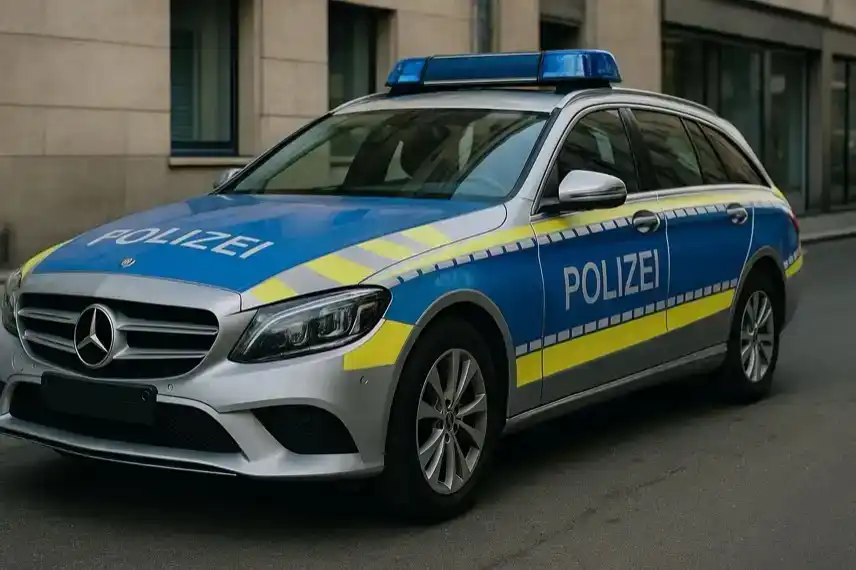 Deutsches Polizeiauto mit blauer und gelber Lackierung steht auf einer Stadtstraße bei Tageslicht.
