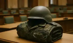 Gefaltete Bundeswehruniform mit Stahlhelm auf einem Holztisch in einem leeren Parlamentssaal, im Hintergrund unscharfe grüne Stühle und Mikrofone.