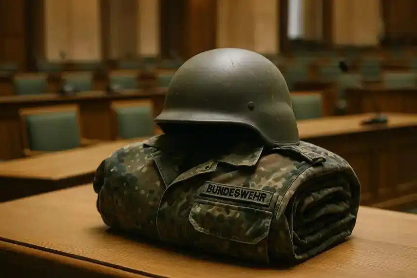 Gefaltete Bundeswehruniform mit Stahlhelm auf einem Holztisch in einem leeren Parlamentssaal, im Hintergrund unscharfe grüne Stühle und Mikrofone.