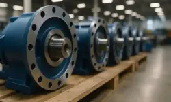 Mehrere große blaue Metallkomponenten liegen auf Paletten in einer Werkhalle, im Vordergrund ein scharf fokussiertes Bauteil, der Hintergrund unscharf.