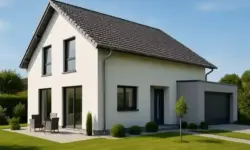 Modernes Einfamilienhaus mit gepflegtem Garten, helle Fassade, große Fenster, dunkles Ziegeldach, aufgenommen bei Tageslicht ohne Personen.