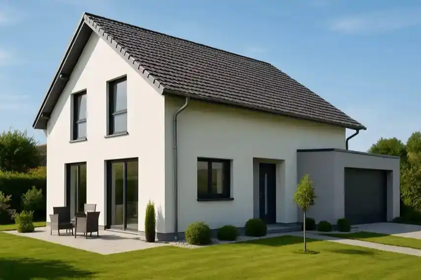 Modernes Einfamilienhaus mit gepflegtem Garten, helle Fassade, große Fenster, dunkles Ziegeldach, aufgenommen bei Tageslicht ohne Personen.