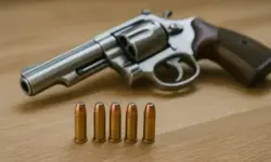 Eine silberne Pistole mit Holzgriff liegt auf einem Holztisch, davor fünf Patronen in einer Reihe.