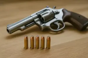 Eine silberne Pistole mit Holzgriff liegt auf einem Holztisch, davor fünf Patronen in einer Reihe.