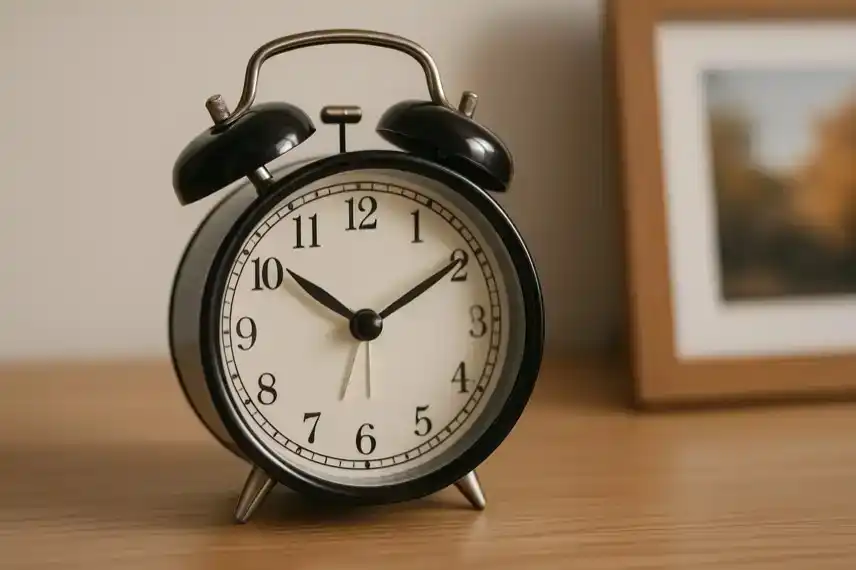 Schwarze analoge Uhr mit weißem Ziffernblatt steht auf einem hellen Holztisch, im Hintergrund leicht verschwommen ein Bilderrahmen.