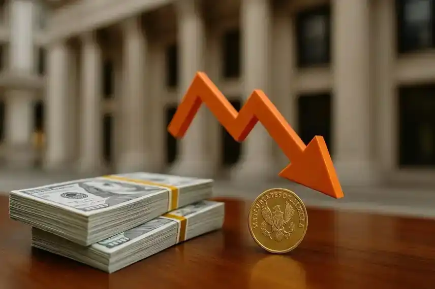 Ein Stapel US-Dollar-Scheine, eine goldene Münze und ein roter Abwärtspfeil vor Säulen eines Bankgebäudes.