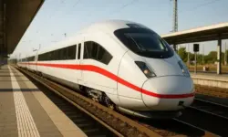Ein weiß-roter Hochgeschwindigkeitszug steht auf einem Bahnsteig unter blauem Himmel, aufgenommen in realistischer Tiefenschärfe.