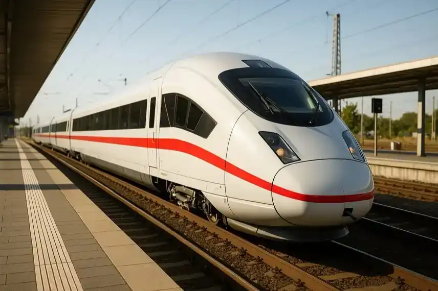 Ein weiß-roter Hochgeschwindigkeitszug steht auf einem Bahnsteig unter blauem Himmel, aufgenommen in realistischer Tiefenschärfe.